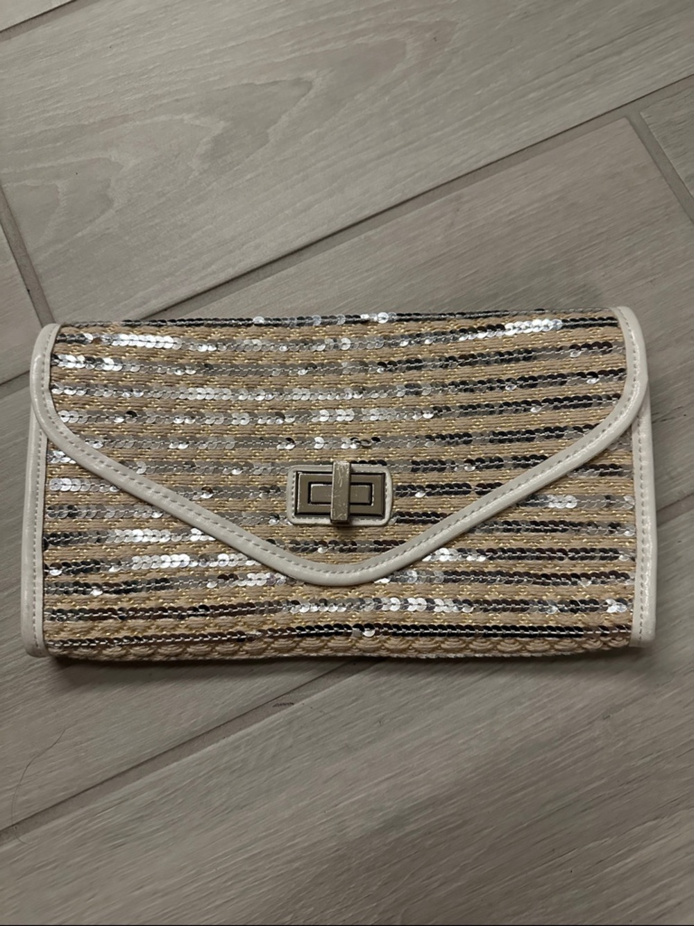 Sequin Straw Envelope Clutch/Shoulder Bag - White Trim